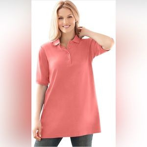 Woman Within Women's Plus Size Elbow-Sleeve Polo Shirt-Coral Red